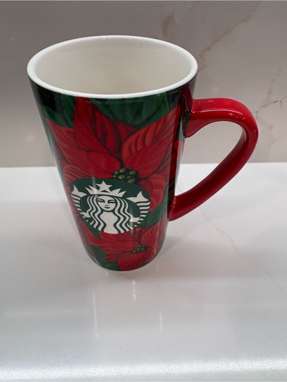 Starbucks Red and Green Poinsettia Ceramic Mug with Logo